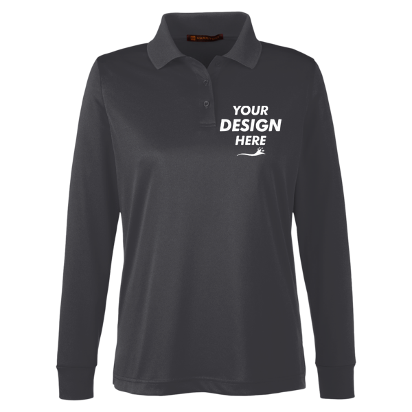 Harriton Women's Advantage Snag Protection Plus IL Long Sleeve Polo, Dark Charcoal, Front view, Mockup