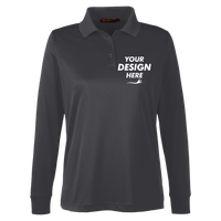 Harriton Women's Advantage Snag Protection Plus IL Long Sleeve Polo, Dark Charcoal, Front view, Mockup