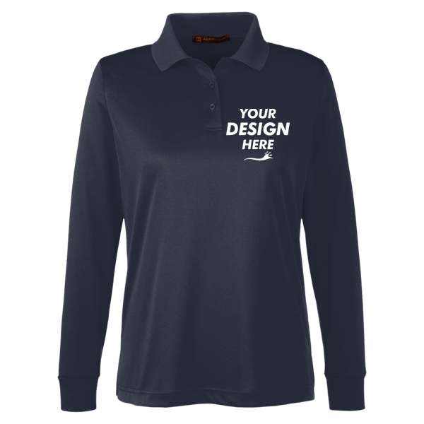 Harriton Women's Advantage Snag Protection Plus IL Long Sleeve Polo, Dark Navy, Front view, Mockup