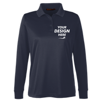 Harriton Women's Advantage Snag Protection Plus IL Long Sleeve Polo, Dark Navy, Front view, Mockup