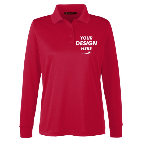 Harriton Women's Advantage Snag Protection Plus IL Long Sleeve Polo, Red, Front view, Mockup