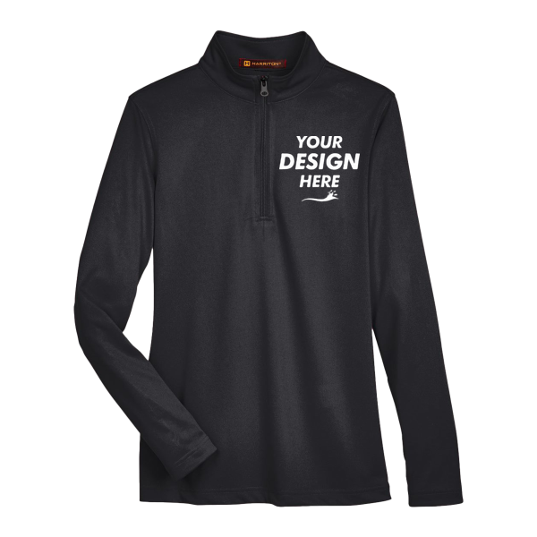 Harriton Women's Advantage Snag Protection Plus Quarter-Zip Pullover, Black, Front view, Mockup