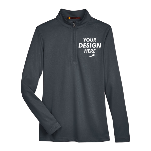 Harriton Women's Advantage Snag Protection Plus Quarter-Zip Pullover, Dark Charcoal, Front view, Mockup