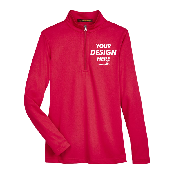 Harriton Women's Advantage Snag Protection Plus Quarter-Zip Pullover, Red, Front view, Mockup