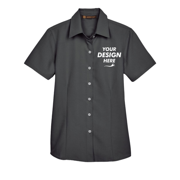 Harriton Women's Barbados Textured Camp Shirt, Black, Front view, Mockup