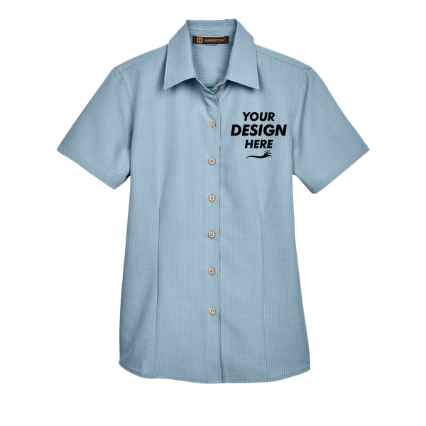 Harriton Women's Barbados Textured Camp Shirt, Cloud Blue, Front view, Mockup