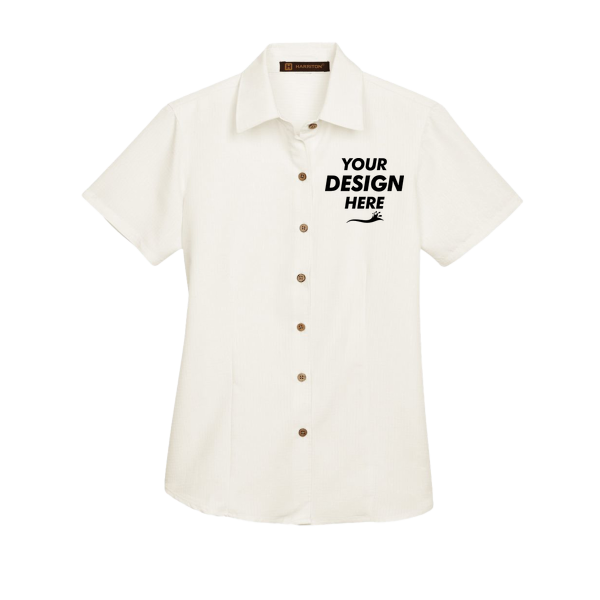 Harriton Women's Barbados Textured Camp Shirt, Cream, Front view, Mockup