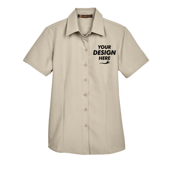 Harriton Women's Barbados Textured Camp Shirt, Khaki, Front view, Mockup