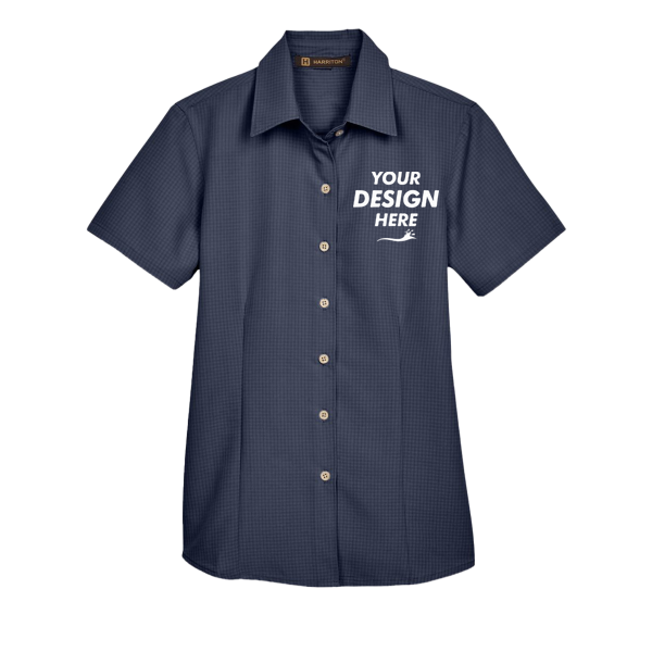 Harriton Women's Barbados Textured Camp Shirt, Navy, Front view, Mockup