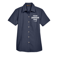 Harriton Women's Barbados Textured Camp Shirt, Navy, Front view, Mockup