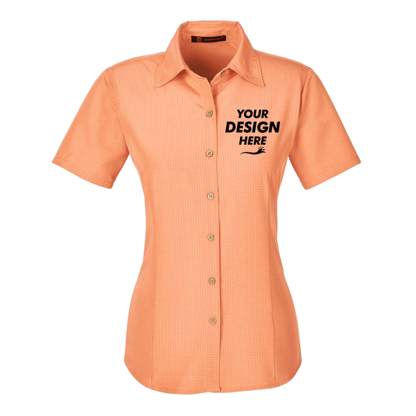 Harriton Women's Barbados Textured Camp Shirt, Nectarine, Front view, Mockup