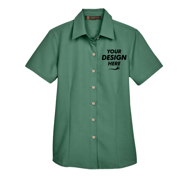 Harriton Women's Barbados Textured Camp Shirt, Palm Green, Front view, Mockup