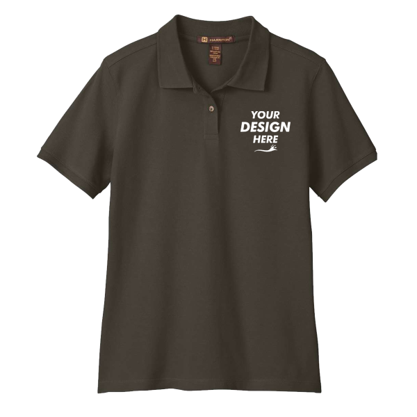 Harriton Women's Cotton Polo, Black, Front view, Mockup