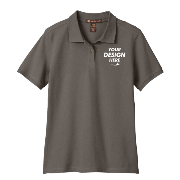 Harriton Women's Cotton Polo, Charcoal, Front view, Mockup