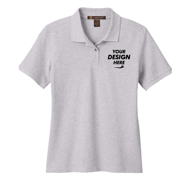 Harriton Women's Cotton Polo, Grey Heather, Front view, Mockup