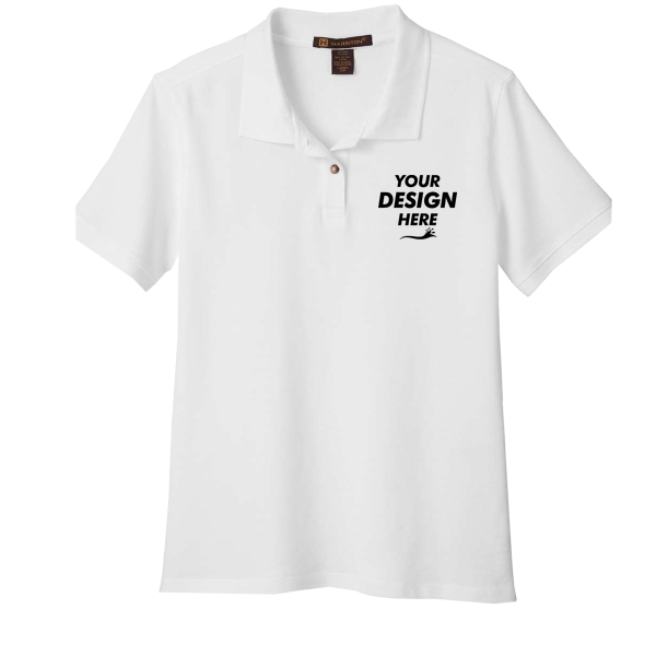 Harriton Women's Cotton Polo, White, Front view, Mockup