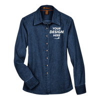 Harriton Women's Denim Shirt, Dark Denim, Front view, Mockup