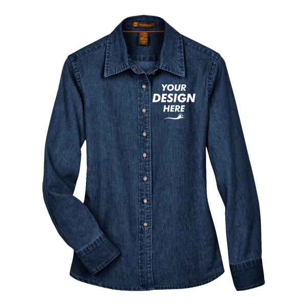 Harriton Women's Denim Shirt, Dark Denim, Front view, Mockup