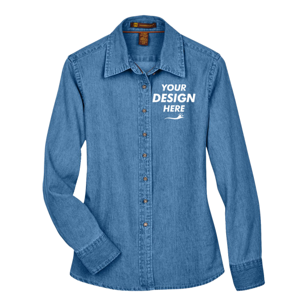 Harriton Women's Denim Shirt, Light Denim, Front view, Mockup