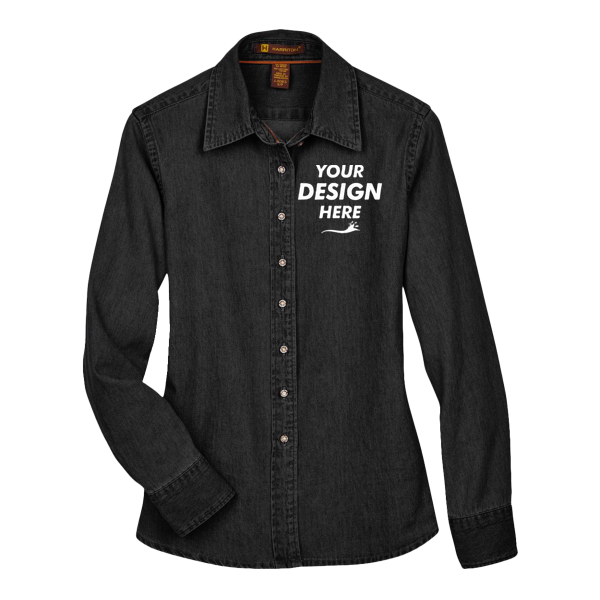 Harriton Women's Denim Shirt, Washed Black, Front view, Mockup