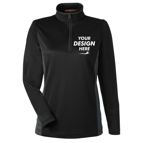 Harriton Women's Flash Snag Protection Plus IL Colorblock Quarter-Zip Pullover, Black / Dark Charcoal, Front view, Mockup