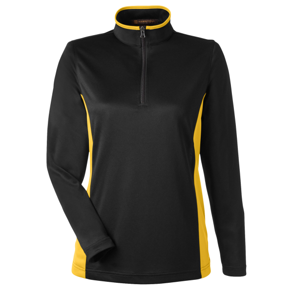 Harriton Women's Flash Snag Protection Plus IL Colorblock Quarter-Zip Pullover, Black / Sunray Yellow, Front view