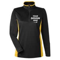 Harriton Women's Flash Snag Protection Plus IL Colorblock Quarter-Zip Pullover, Black / Sunray Yellow, Front view, Mockup