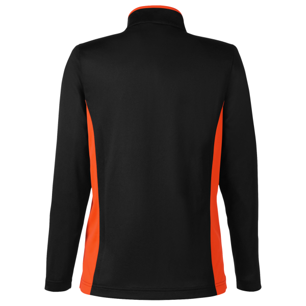 Harriton Women's Flash Snag Protection Plus IL Colorblock Quarter-Zip Pullover, Black / Team Orange, Back view