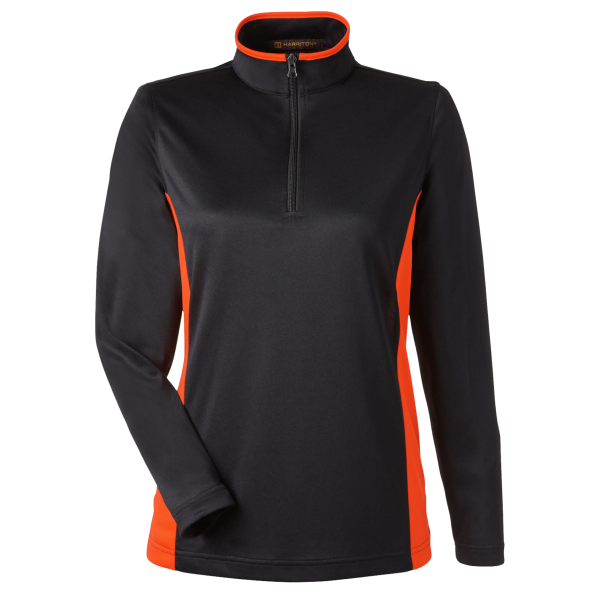 Harriton Women's Flash Snag Protection Plus IL Colorblock Quarter-Zip Pullover, Black / Team Orange, Front view