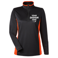 Harriton Women's Flash Snag Protection Plus IL Colorblock Quarter-Zip Pullover, Black / Team Orange, Front view, Mockup