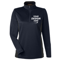 Harriton Women's Flash Snag Protection Plus IL Colorblock Quarter-Zip Pullover, Dark Navy / Dark Charcoal, Front view, Mockup