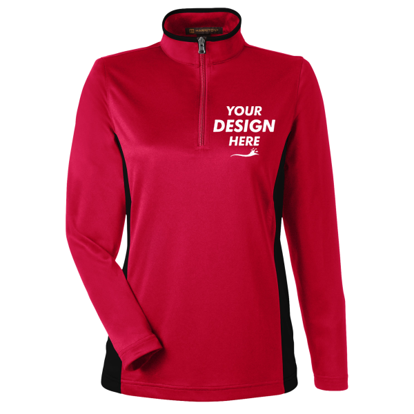 Harriton Women's Flash Snag Protection Plus IL Colorblock Quarter-Zip Pullover, Red / Black, Front view, Mockup