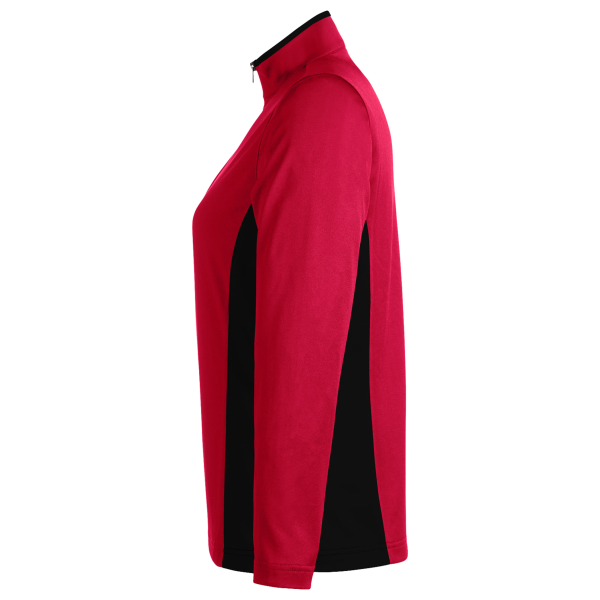 Harriton Women's Flash Snag Protection Plus IL Colorblock Quarter-Zip Pullover, Red / Black, Left Sleeve view