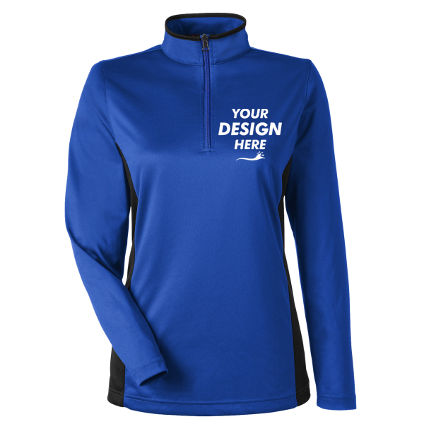 Harriton Women's Flash Snag Protection Plus IL Colorblock Quarter-Zip Pullover, True Royal / Black, Front view, Mockup