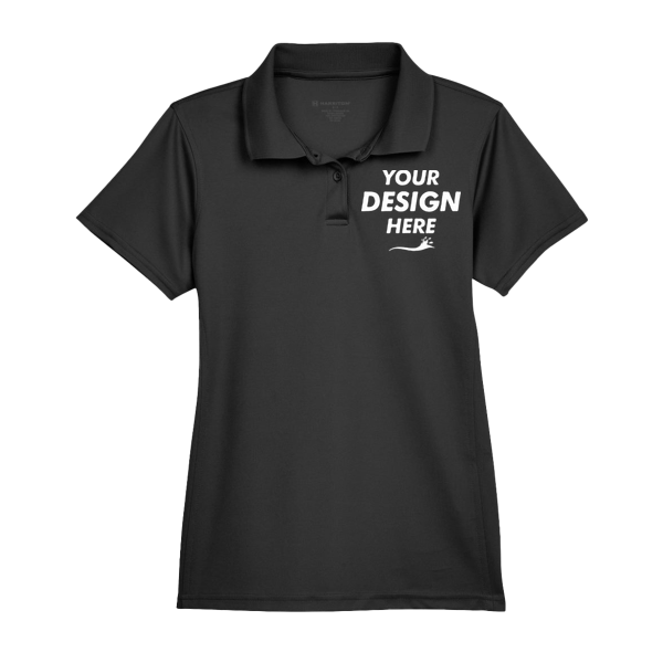 Harriton Women's Polyester Jersey Polo, Black, Front view, Mockup