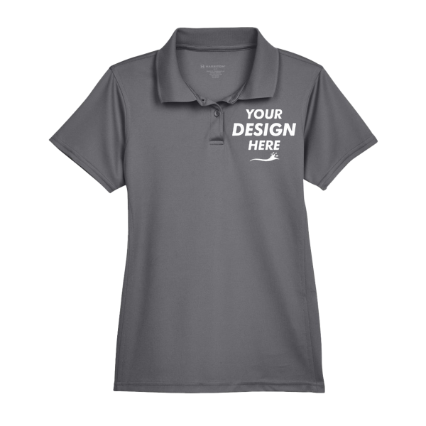 Harriton Women's Polyester Jersey Polo, Charcoal, Front view, Mockup