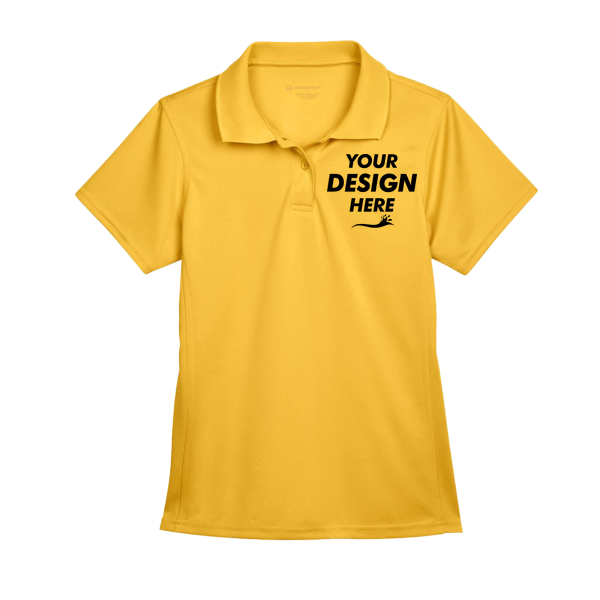 Harriton Women's Polyester Jersey Polo, Gold, Front view, Mockup