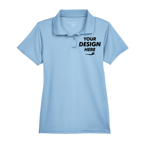 Harriton Women's Polyester Jersey Polo, Light Blue, Front view, Mockup