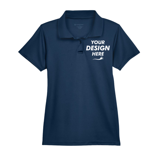 Harriton Women's Polyester Jersey Polo, Navy, Front view, Mockup