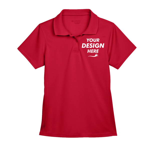 Harriton Women's Polyester Jersey Polo, Red, Front view, Mockup