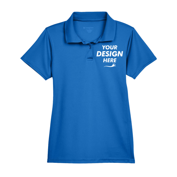 Harriton Women's Polyester Jersey Polo, True Royal, Front view, Mockup
