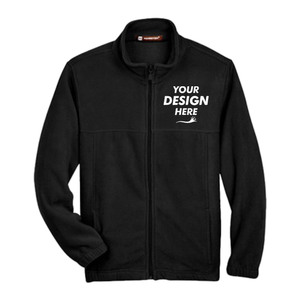 Harriton Youth Full-Zip Fleece, Black, Front view, Mockup