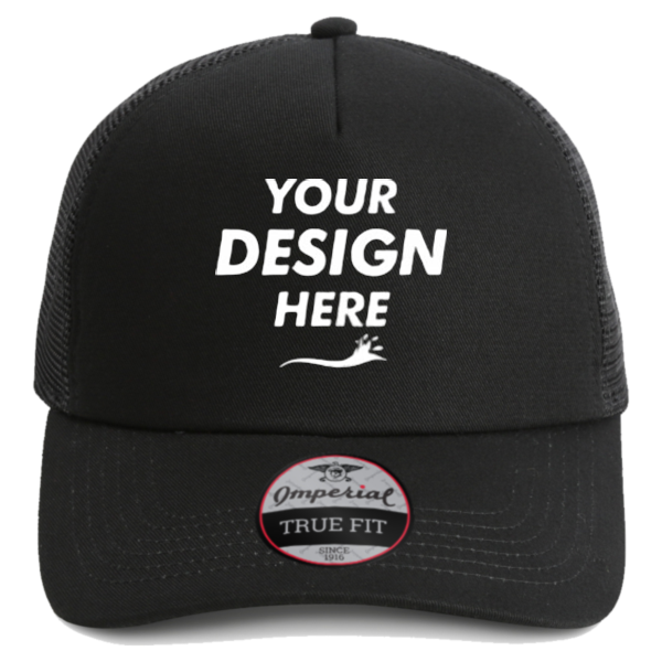 Imperial North Country Trucker Cap, Black / Black / Black, Front view, Mockup