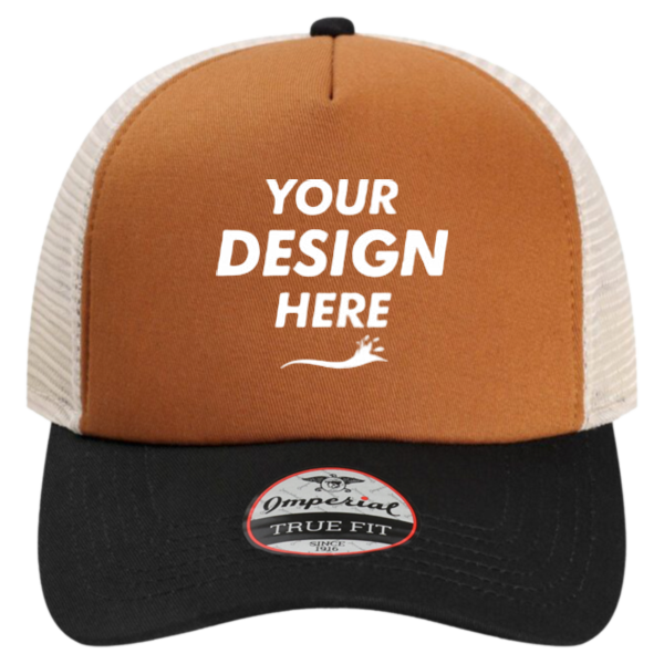 Imperial North Country Trucker Cap, Buckthorn Brown / Black / Stone, Front view, Mockup