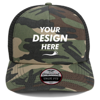 Imperial North Country Trucker Cap, Camo / Black / Black, Front view, Mockup