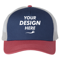 Imperial North Country Trucker Cap, Royal / Nantucket / Grey, Front view, Mockup