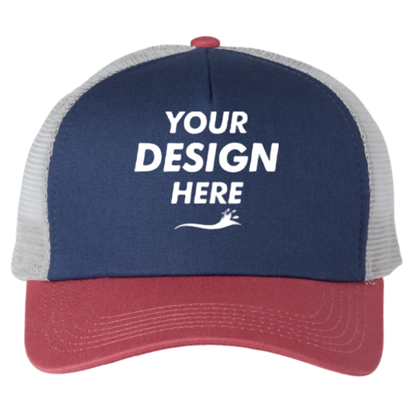 Imperial North Country Trucker Cap, Royal / Nantucket / Grey, Front view, Mockup