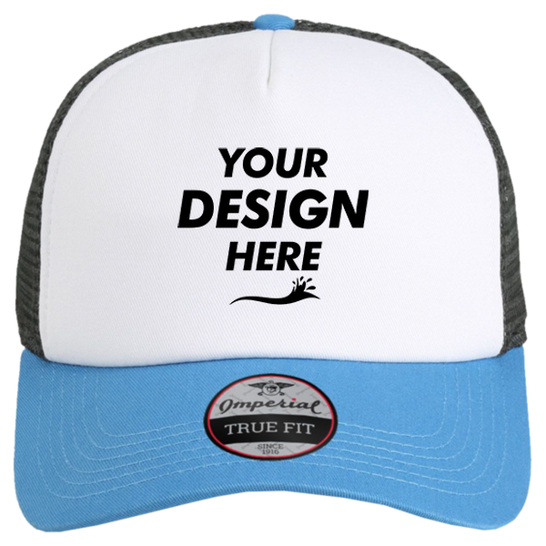 Imperial North Country Trucker Cap, White / Nassau / Charcoal, Front view, Mockup