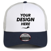 Imperial North Country Trucker Cap, White / Navy / Grey, Front view, Mockup