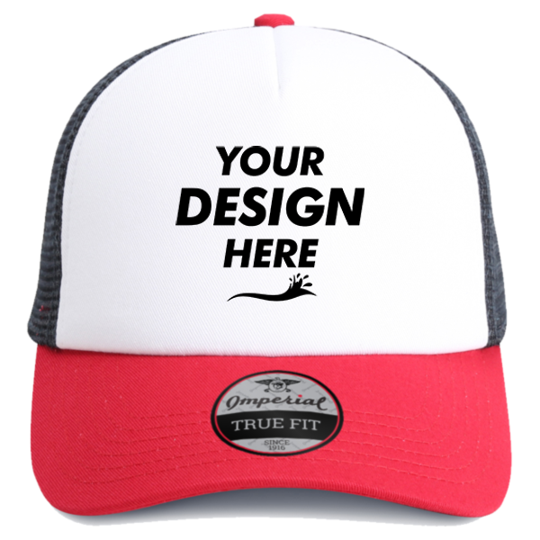 Imperial North Country Trucker Cap, White / Red / Dark Navy, Front view, Mockup